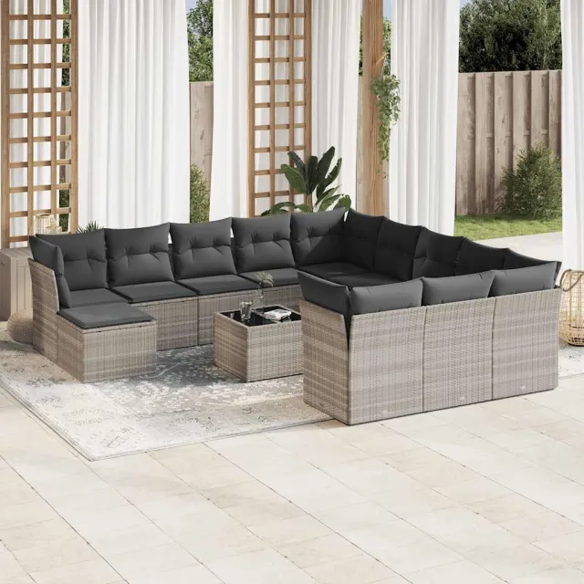 vidaXL 13-delige Loungeset met kussens poly rattan lichtgrijs grijs, foto 2