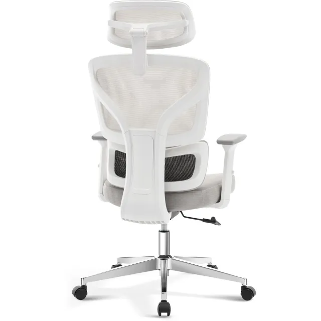 Triumpunpre Ergonomische Mesh Bureaustoel Met Voetensteun - Verstelbare Hoofd‑ En Lendensteun - 3D Armleuningen - 135° Reclinerend Kantoorstoel Voor Thuiswerkplek - Verchroomde Poten Wit Frame Grijs