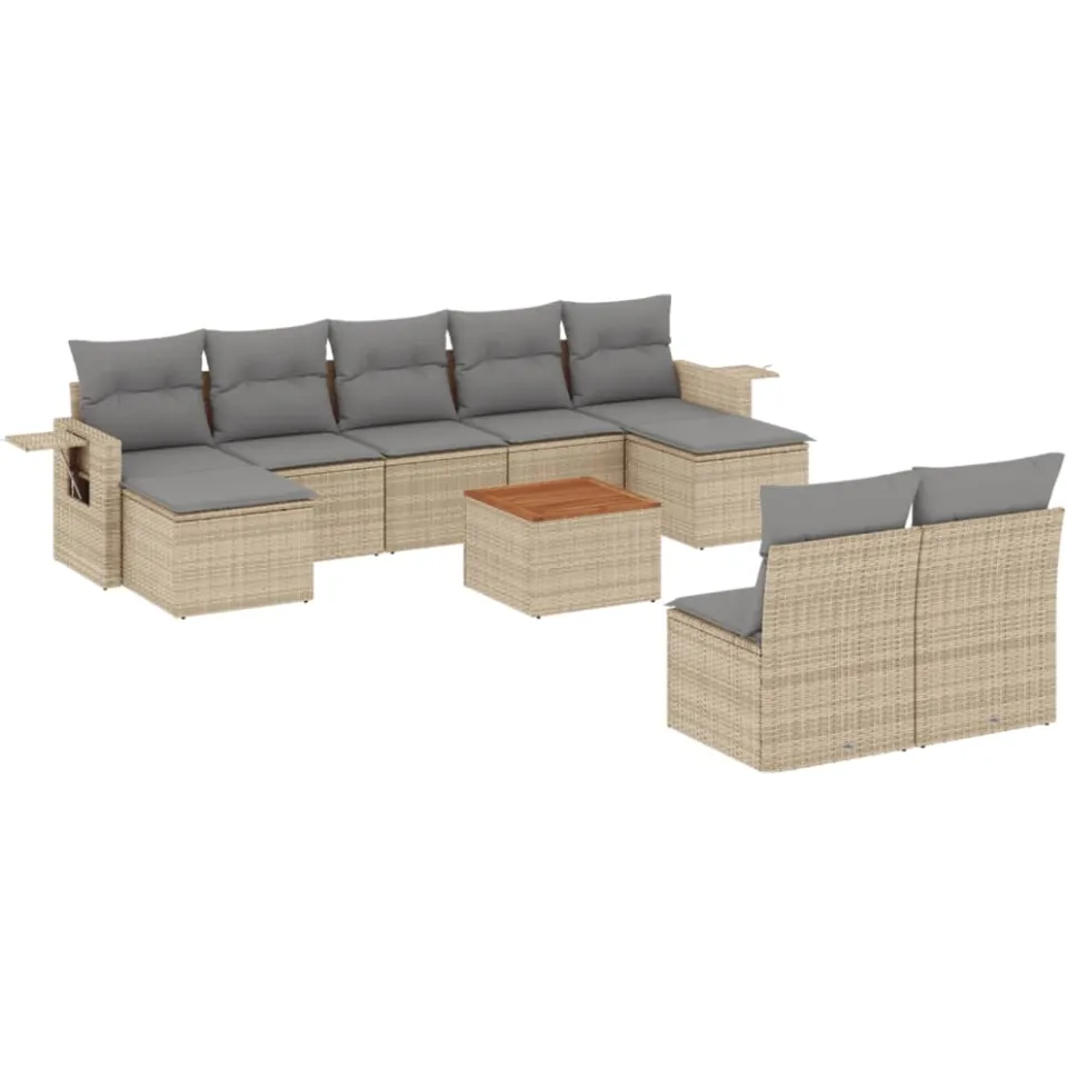 vidaXL 10-delige Loungeset met kussens poly rattan gemengd beige, foto 3