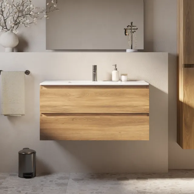 Brauer Core Meubelset 120 cm Met 2 Softclose Lades Greeploos Met Wastafel Honey Bruin