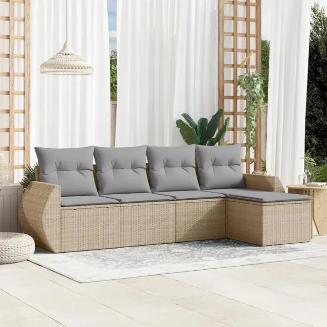 vidaXL 5-delige Loungeset met kussens poly rattan beige