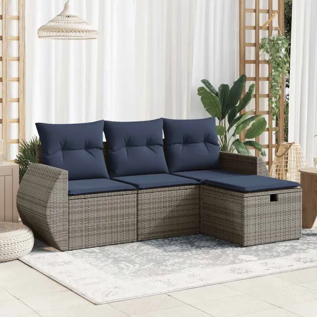 vidaXL 4-delige Loungeset met kussens poly rattan grijs, foto 2