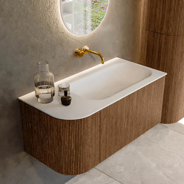 Mondiaz KURVE 95 cm Onderkast Greeploos 1 Lade Met Deuren Walnut, Wastafel Solid Surface Rechts Talc 0 Kraangaten Zonder Spiegel (KRVBGS95L1L1D0KR-Wal/Tal)