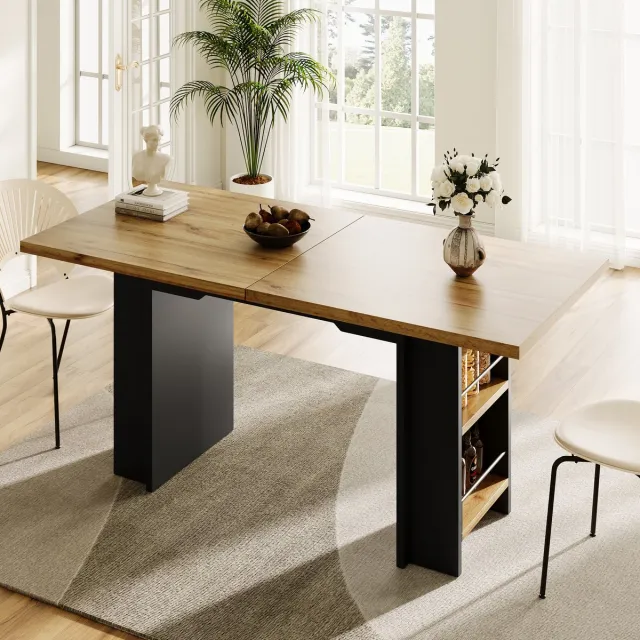 KOMHTOM Telescopische Keukentafel - Uitschuifbare Eettafel met Planken - 120-160 x 80 cm - Met Ingebouwde Inlegplaten - Houtkleurig - Voor Keuken en Woonkamer Natuurlijk hout