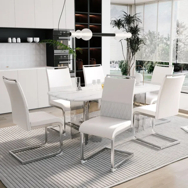 Welltin Eetkamerstoelen, set van 6, PU-leer en linnen rugleuning, hoge gestoffeerde stoel, horizontale strepen op de rugleuning, geschikt voor eetkamer, keuken, gastenkamer of kantoor, Wit