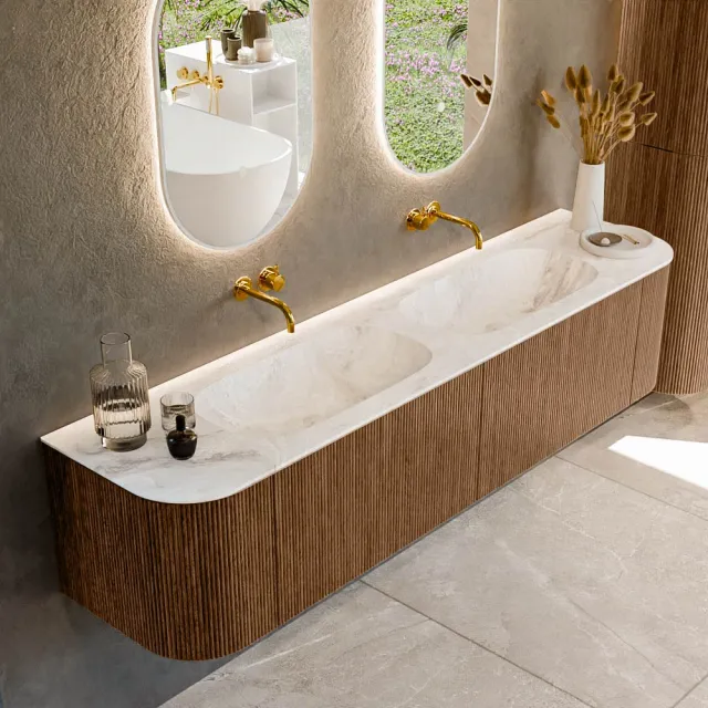 Mondiaz KURVE-DLUX 190 cm Onderkast Greeploos 2 Lades Met Deuren Walnut, Wastafel Solid Surface Dubbel Frappe 0 Kraangaten Zonder Spiegel (KRVSTS190L+R2L2D0KD-Wal/Fra)