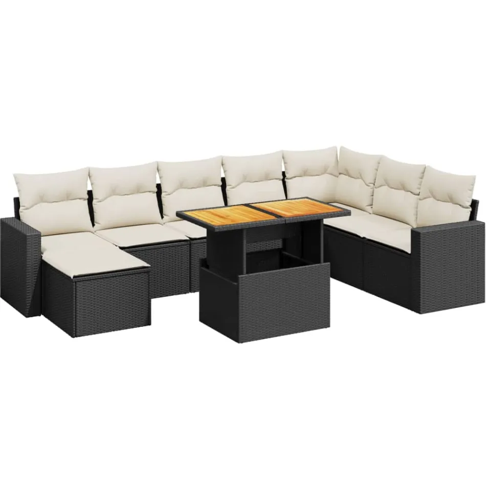 vidaXL 9-delige Loungeset met kussens poly rattan zwart