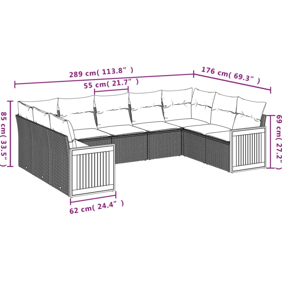 vidaXL 9-delige Loungeset met kussens poly rattan beige, foto 2