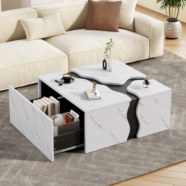 Maisentiel Salontafel 70 x 70 x 31 cm - met lade en marmerlook - spaanplaat - wit