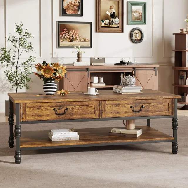 Garvee Salontafel - 41 inch vintage salontafel - rechthoekige cocktail- en theetafel uit het midden van de vorige eeuw - met 2 lades en een groot open schap - voor de woonkamer, het kantoor, de salon of de leeshoek - 105 × 55 × 47 cm bruin