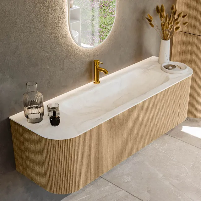 Mondiaz KURVE-DLUX 150 cm Onderkast Greeploos 1 Lade Met Deuren Oak, Wastafel Solid Surface Midden Ostra 1 Kraangat Zonder Spiegel (KRVBGM150L+R1L2D1KM-Oak/Ost)