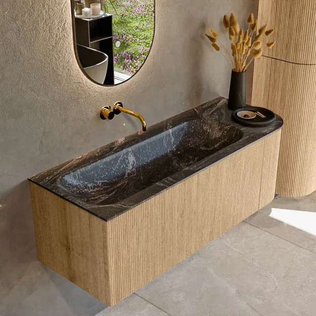 Mondiaz KURVE-DLUX 125 cm Onderkast Greeploos 1 Lade Met Deuren Oak, Wastafel Solid Surface Links Lava 0 Kraangaten Zonder Spiegel (KRVBGM125R1L1D0KL-Oak/Lav)