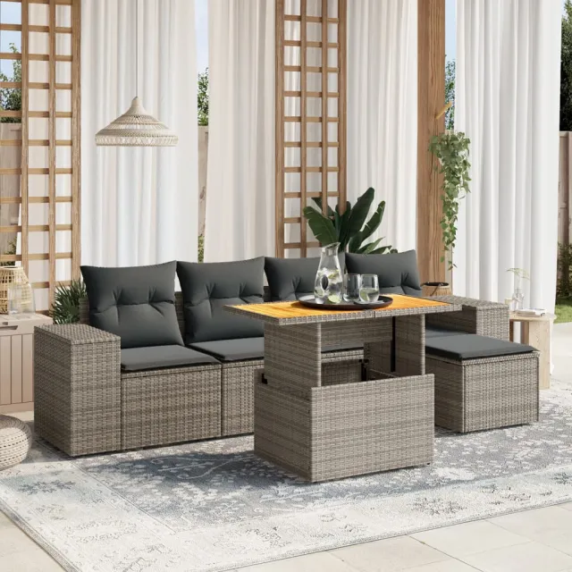vidaXL 6-delige Loungeset met kussens poly rattan grijs, foto 2