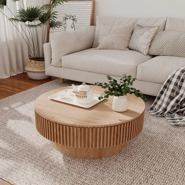 COVREO Salontafel 75 cm rond naturel hout, met opbergruimte en gelakt blad Natural Wood