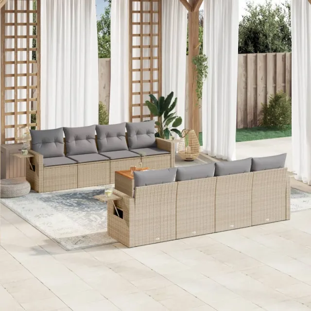 vidaXL 9-delige Loungeset met kussens poly rattan gemengd beige, foto 2