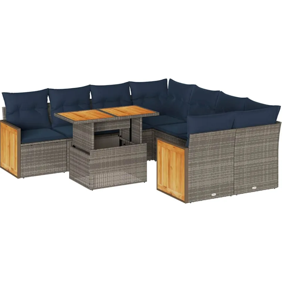 vidaXL 9-delige Loungeset met kussens poly rattan acacia grijs, foto 3