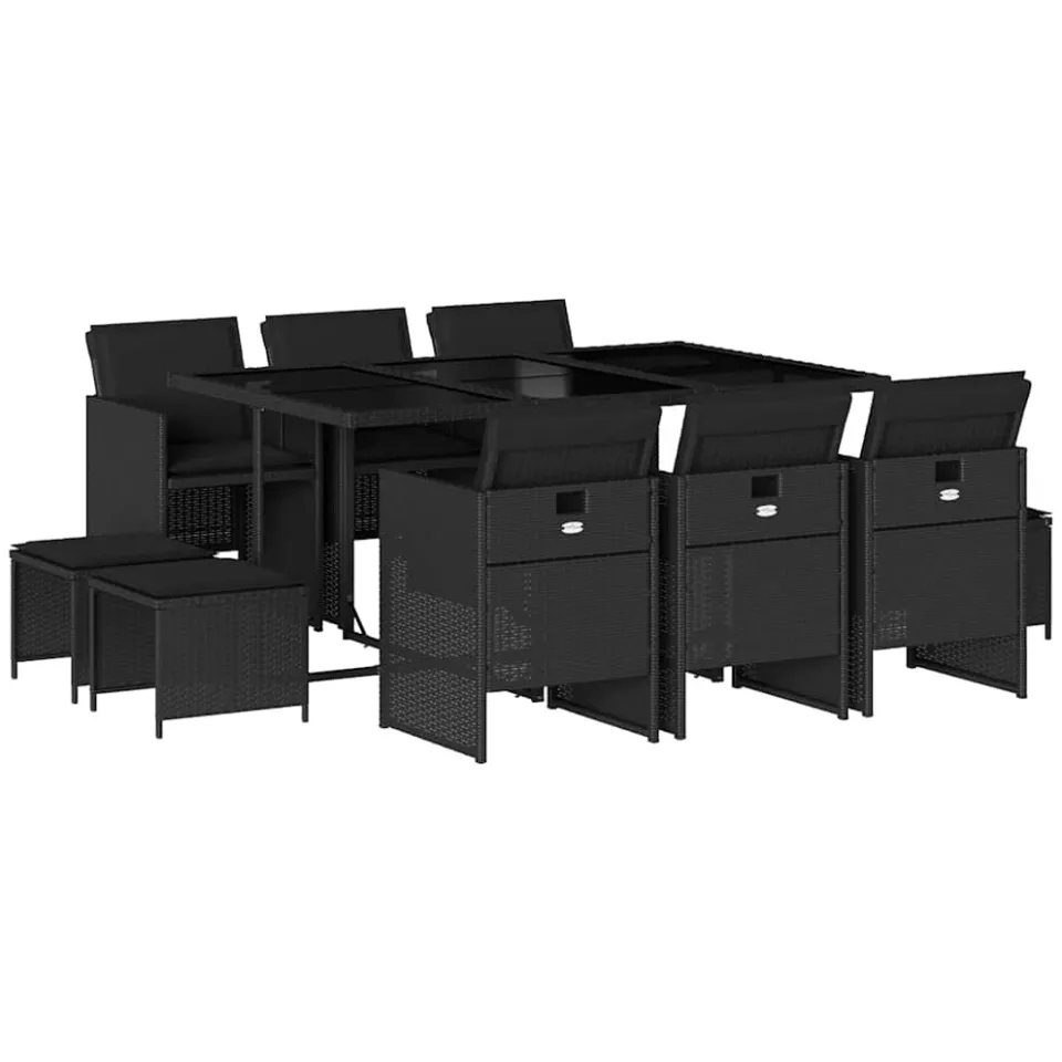 vidaXL 11-delige Tuinset met kussens poly rattan zwart