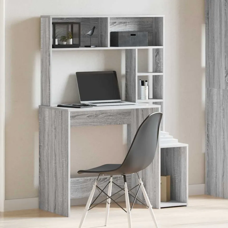 vidaXL Bureau met schappen 100x45x140 cm bewerkt hout grijs sonoma, foto 3