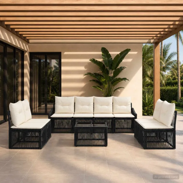 vidaXL Tuinbankenset 9 st 8-zits Zwart poly rattan, foto 2