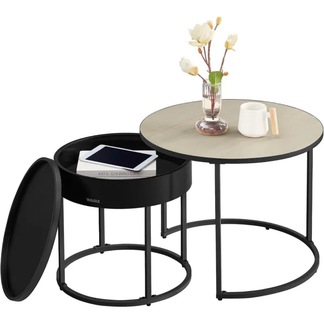 FurnStar Salontafel rond – Set van 2 bijzettafels – Moderne nestbare tafels met verborgen opbergruimte – Dienbladfunctie – Natuurbeige-Inktzwart – 60/44 cm