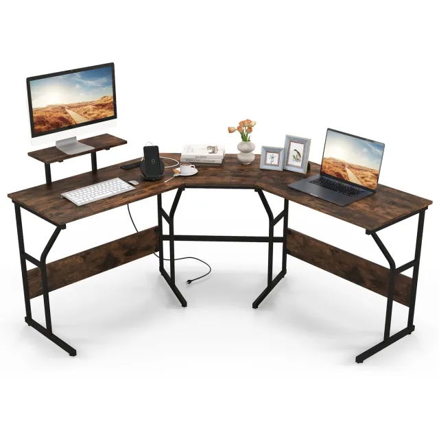 Costway Bureau L-vorm, omkeerbaar hoekbureau met monitorstandaard en laadstation, hoektafel, gaming-computertafel, kantoortafel voor thuiskantoor (rustiek bruin)