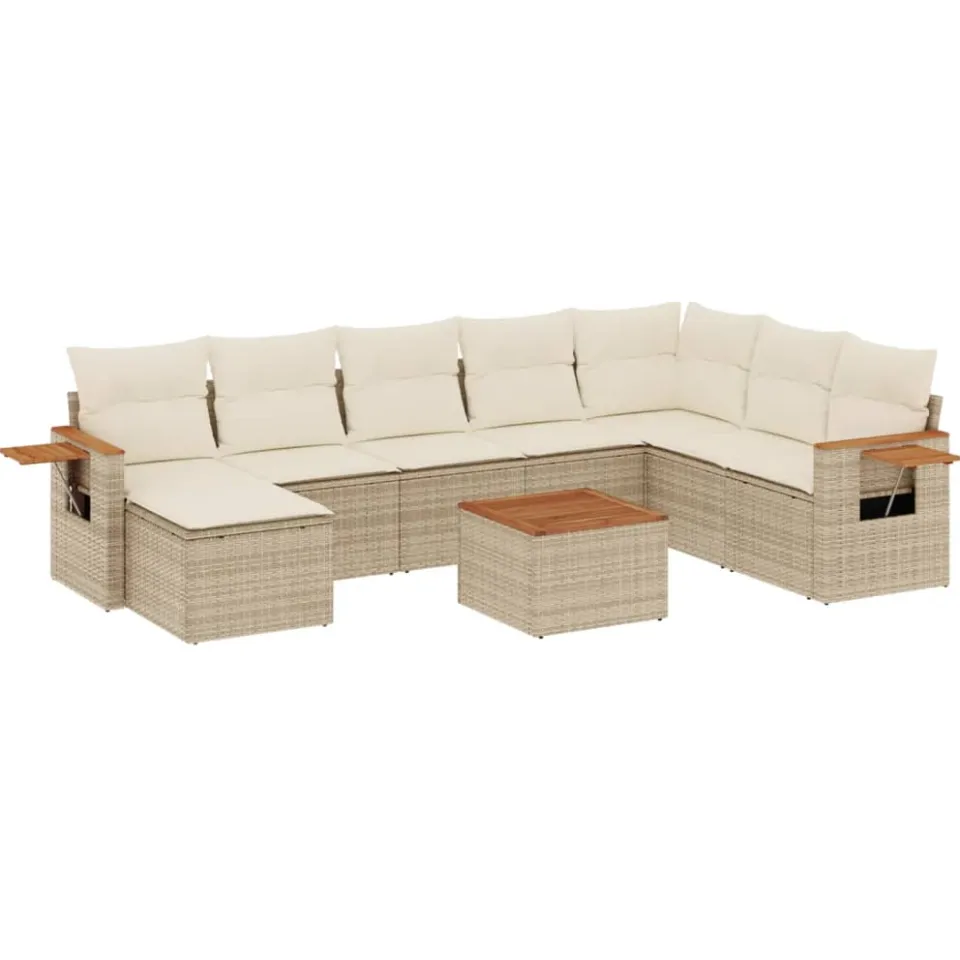 vidaXL 9-delige Loungeset met kussens poly rattan beige