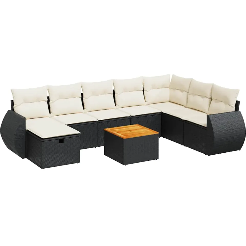 vidaXL 9-delige Loungeset met kussens poly rattan zwart, foto 3
