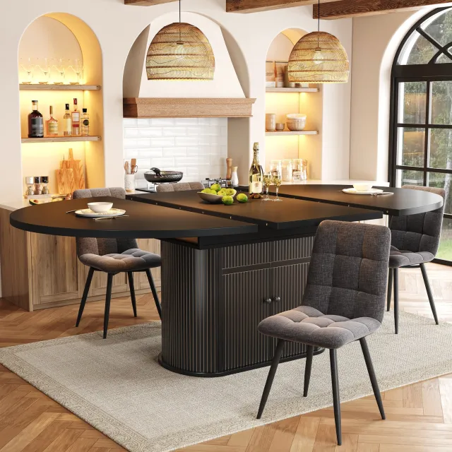 Wishdor Uitschuifbare eettafel voor 4 tot 6 personen - Opbergruimte met twee deuren en verstelbare legplanken - Met verlengblad - Modern voor eetkamer en keuken - MDF - Zwart - 118-158 x 118 x 76,5 cm