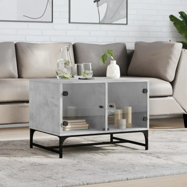 vidaXL Salontafel met glazen deuren 68,5x50x50 cm betongrijs grijs, foto 2