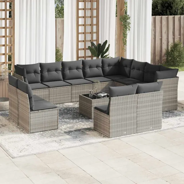 vidaXL 13-delige Loungeset met kussens poly rattan lichtgrijs grijs, foto 2