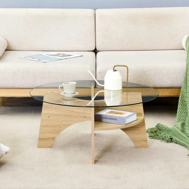REDOM Ronde Salontafel - Transparant Veiligheidsglas - Modern - Voor Woonkamer - MDF Met Houtlook - Naturel - Ø 80 X 36 Cm Transparant + Hout