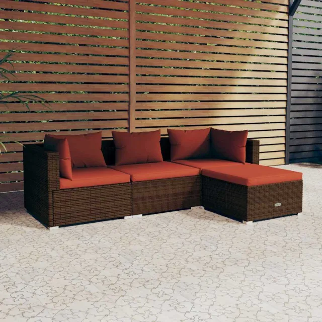 vidaXL 4-delige Loungeset met kussens poly rattan bruin, foto 2