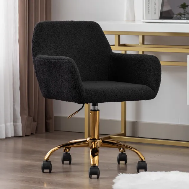 OKWISH Bureaustoel 54,9 cm - Zacht Sherpa Ontwerp Met Vaste Armleuningen En Wielen - 360° Draaibaar En In Hoogte Verstelbaar - Voor Thuiswerk En Make-up - Zwart