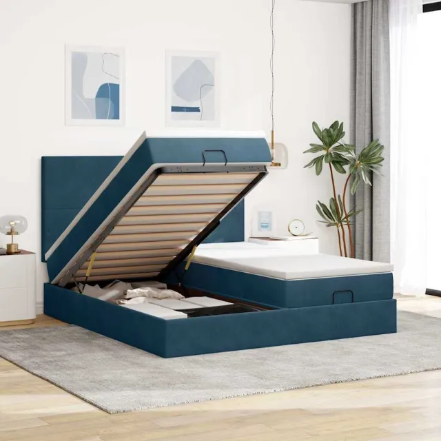 vidaXL Ottoman bed met matrassen 200x200cm fluweel donkerblauw blauw