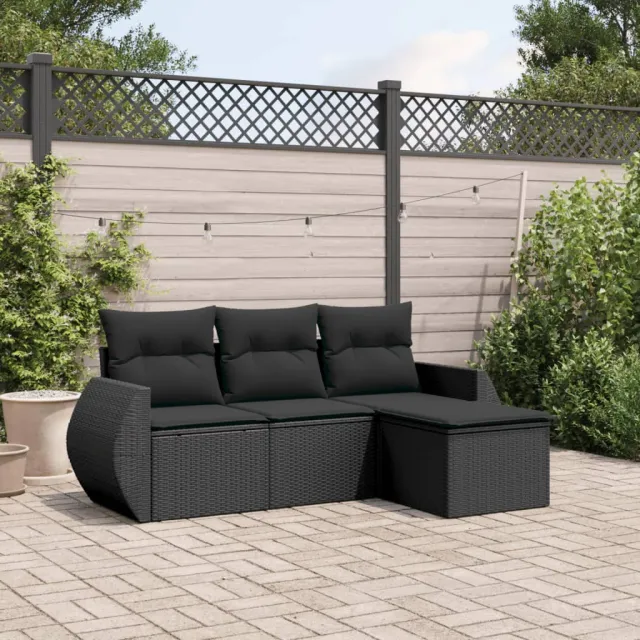 vidaXL 4-delige Loungeset met kussens poly rattan zwart, foto 2