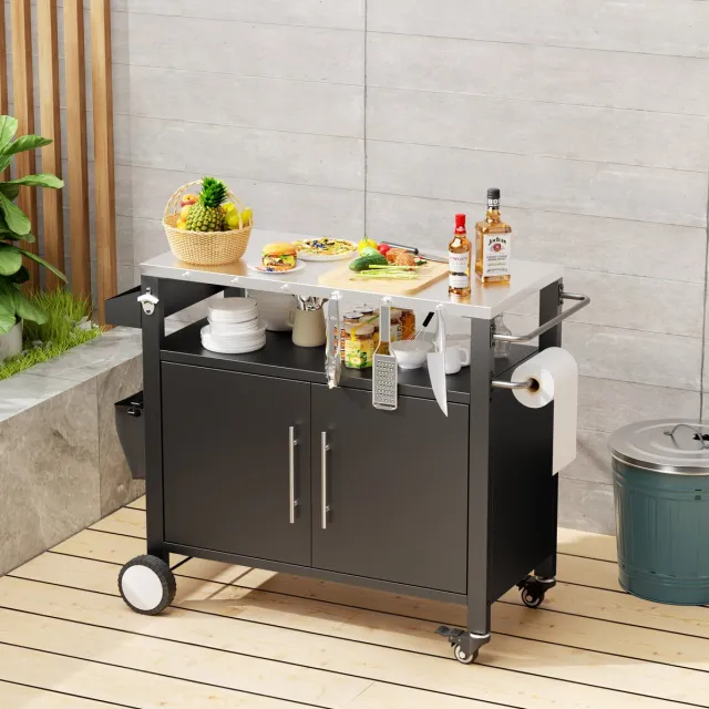 MIVRAY Bartafel - Verplaatsbare Grillwagen Met Opbergruimte En Wielen - Voor Tuin En Terras - Metaal En Rvs - 96,3x46x90,4 Cm - Zwart