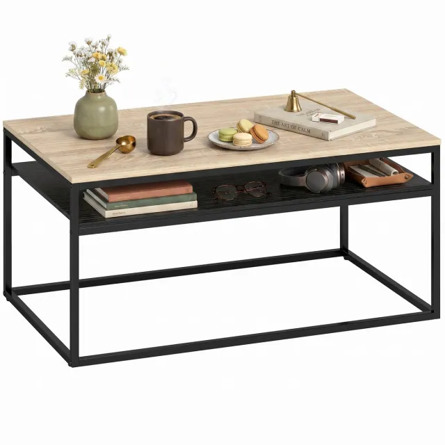 Homcom Salontafel - Tweelaags met verstelbare poten - Woonkamertafel - Industrieel - Eiken Eiken, Zwart
