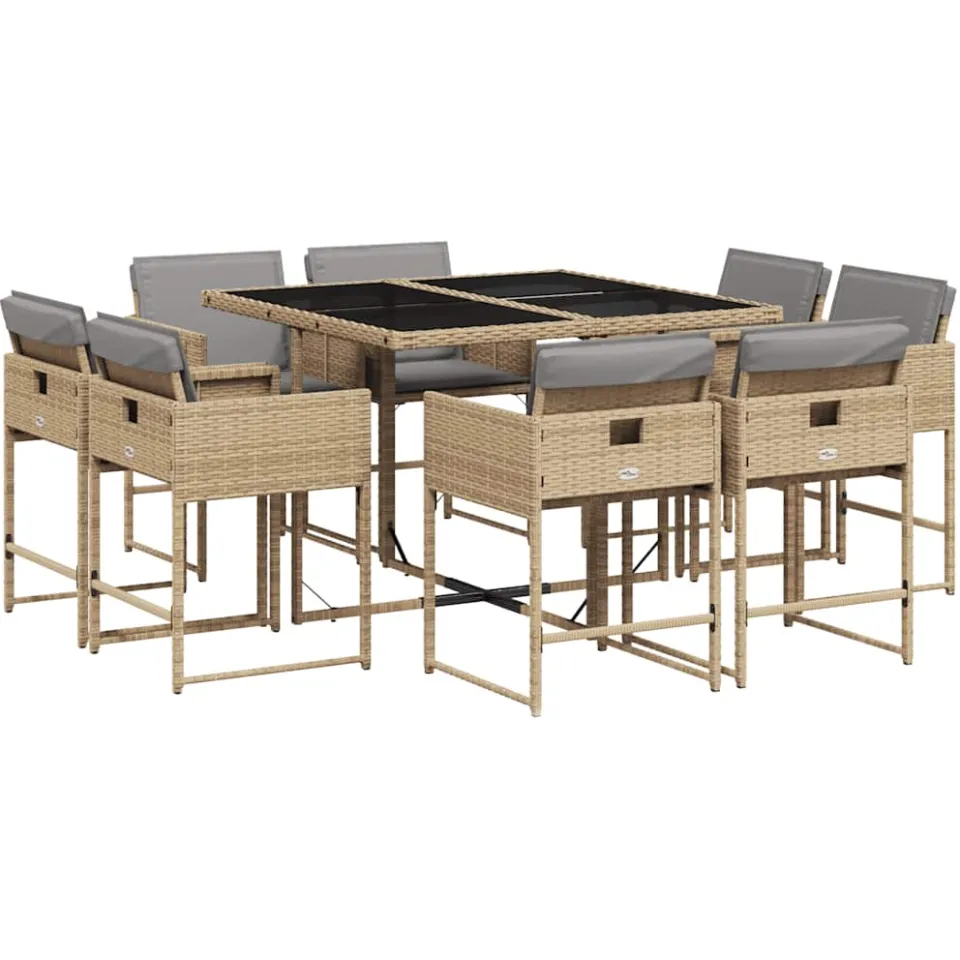 vidaXL 9-delige Tuinset met kussens poly rattan gemengd beige