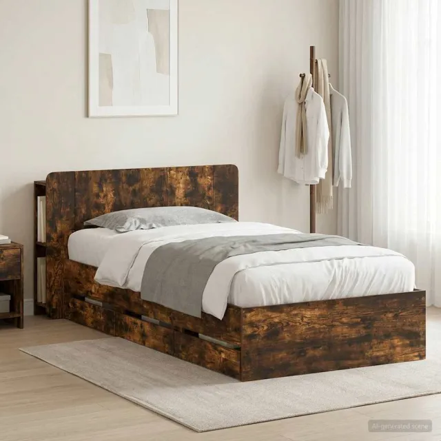 vidaXL Bedframe met opbergruimte en hoofdbord met lade Gerookt eiken Bruin