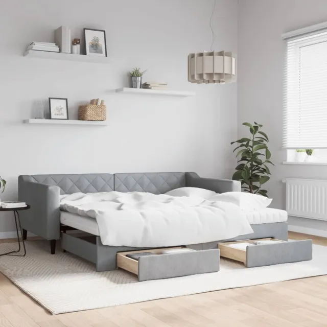 vidaXL Slaapbank met onderschuifbed en lades 90x190 cm stof lichtgrijs grijs