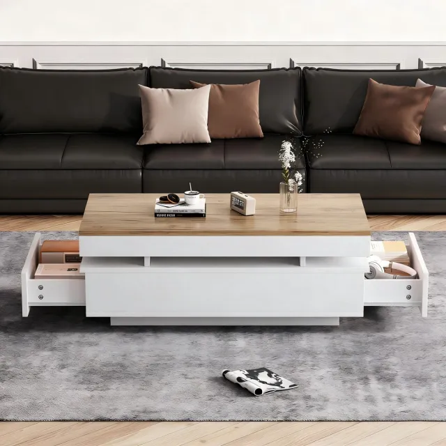 MODFU Salontafel Met 2 Laden En Led-Verlichting - Modern - Voor Woonkamer - Spaanplaat - Wit En Houtkleur - 100 x 50 x 35 cm Wit + Hout