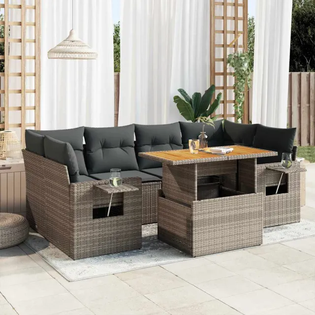 vidaXL 7-delige Loungeset met kussens poly rattan grijs, foto 2