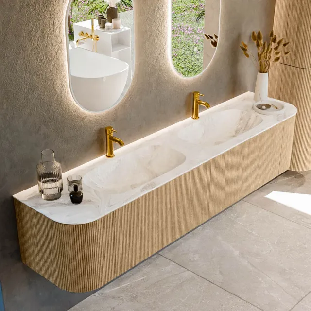 Mondiaz KURVE-DLUX 200 cm Onderkast Greeploos 2 Lades Met Deuren Oak, Wastafel Solid Surface Dubbel Frappe 2 Kraangaten Zonder Spiegel (KRVSTS200L+R2L2D2KD-Oak/Fra)