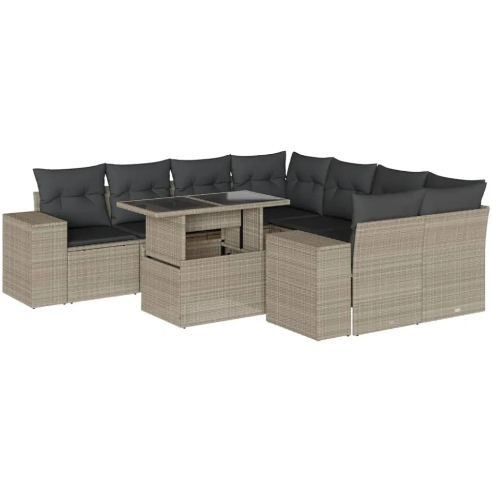 vidaXL 9-delige Loungeset met kussens poly rattan lichtgrijs grijs, foto 3