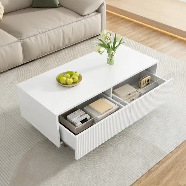 HAUSS SPOLE Salontafel - Met 7 Kleuren Ledverlichting En 2 Lades - Voor Woonkamer - MDF Wit Met Goud Wit Poten - 110x50x40 Cm