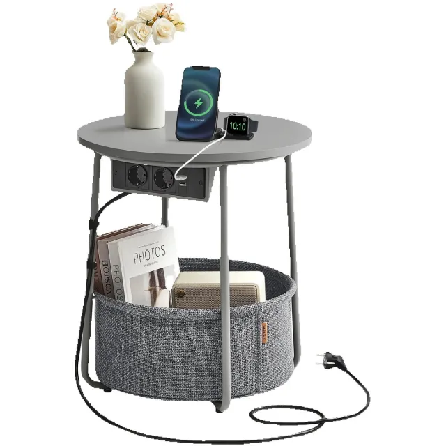 Stervia Bijzettafel - Salontafel - Nachtkastje - Met Opbergmandje - Met Stopcontacten - 2 Laags - Draagvermogen 35 Kg - 45 x 50cm Grijs