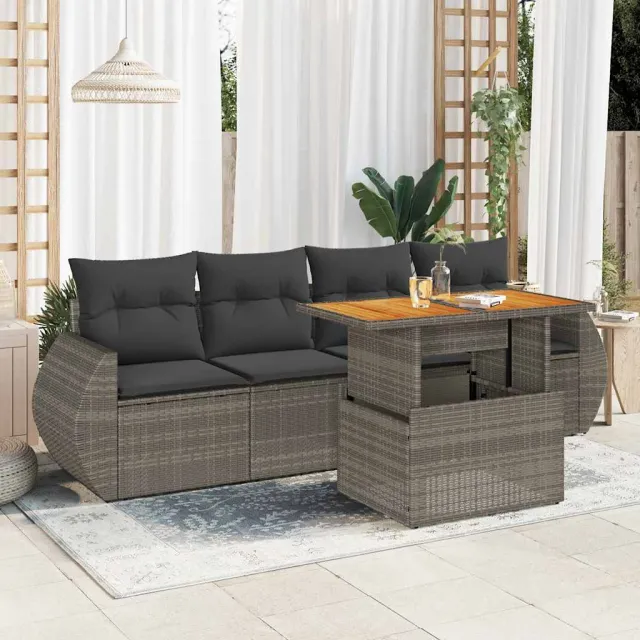 vidaXL 5-delige Loungeset met kussens poly rattan grijs, foto 2