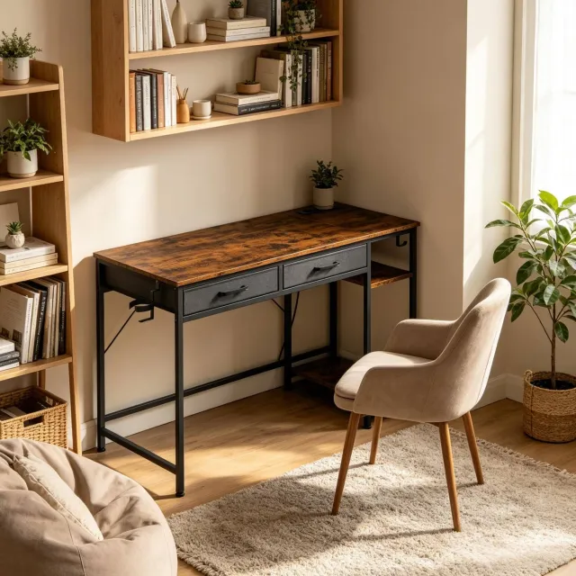 CHICFURN Bureau 120 cm - Met lades - Metaalframe - Rustiek bruin