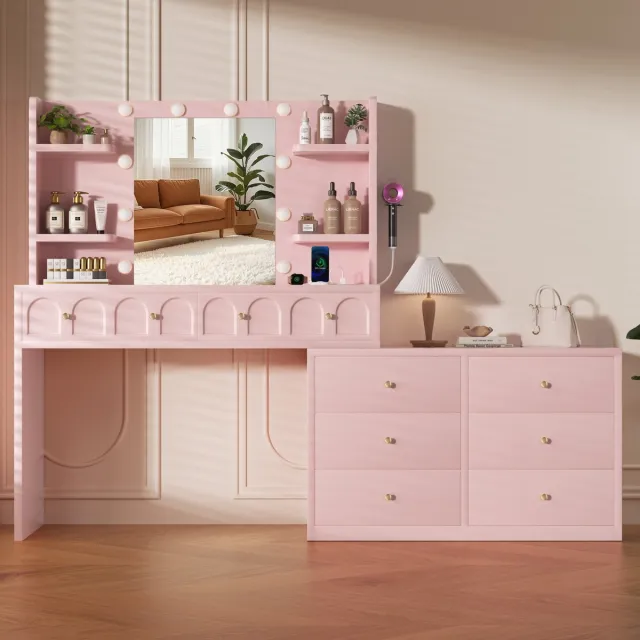 Lexzurn Kaptafel - make up tafel met spiegel - 3 soorten LED-verlichting - draaibaar L-vormig - Met haak voor föhn - Met Stopcontacten & USB-poorten- 8 laden en 11 open opbergruimten - 164x135x40 cm - Voor Slaapkamer Kleedkamer - Roze Roze-Draaibare L-vormige