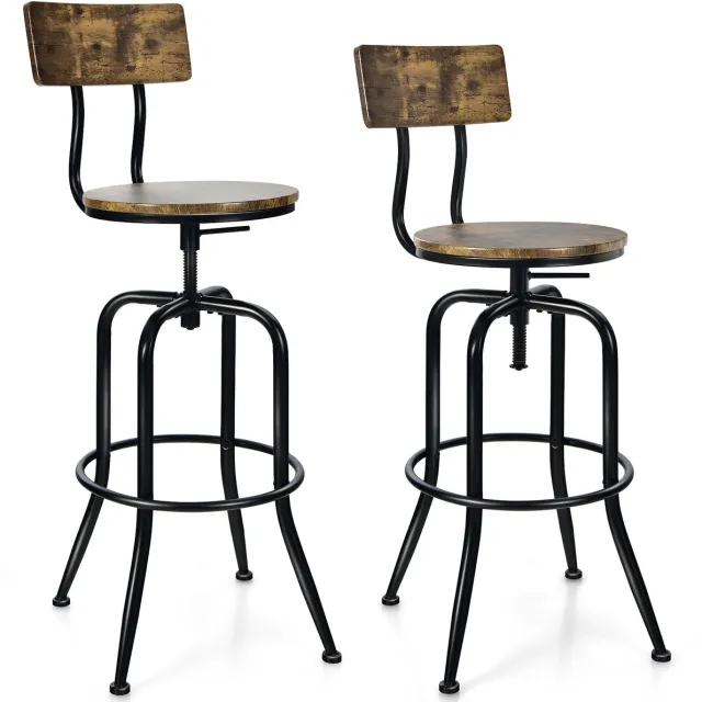 Costway Set van 2 barkrukken, draaibaar, met zithoogte 69-76 cm, in hoogte verstelbaar, met afneembare rugleuning, industrieel design, voor thuis, bistro, eetkamer Rustiek bruin, zwart